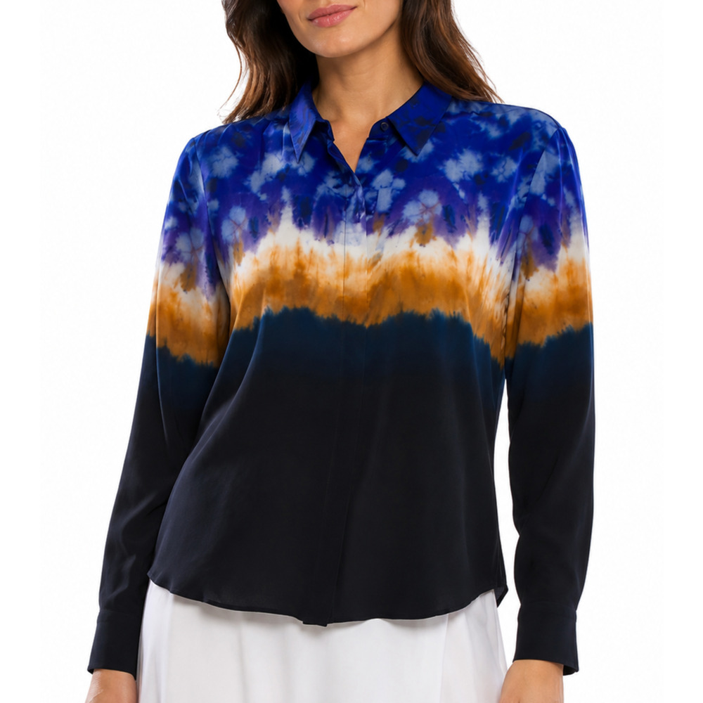 Altuzarra Silk Tie Dye Print Blouse Button Down Shirt Top Blue Brown Black 38 S